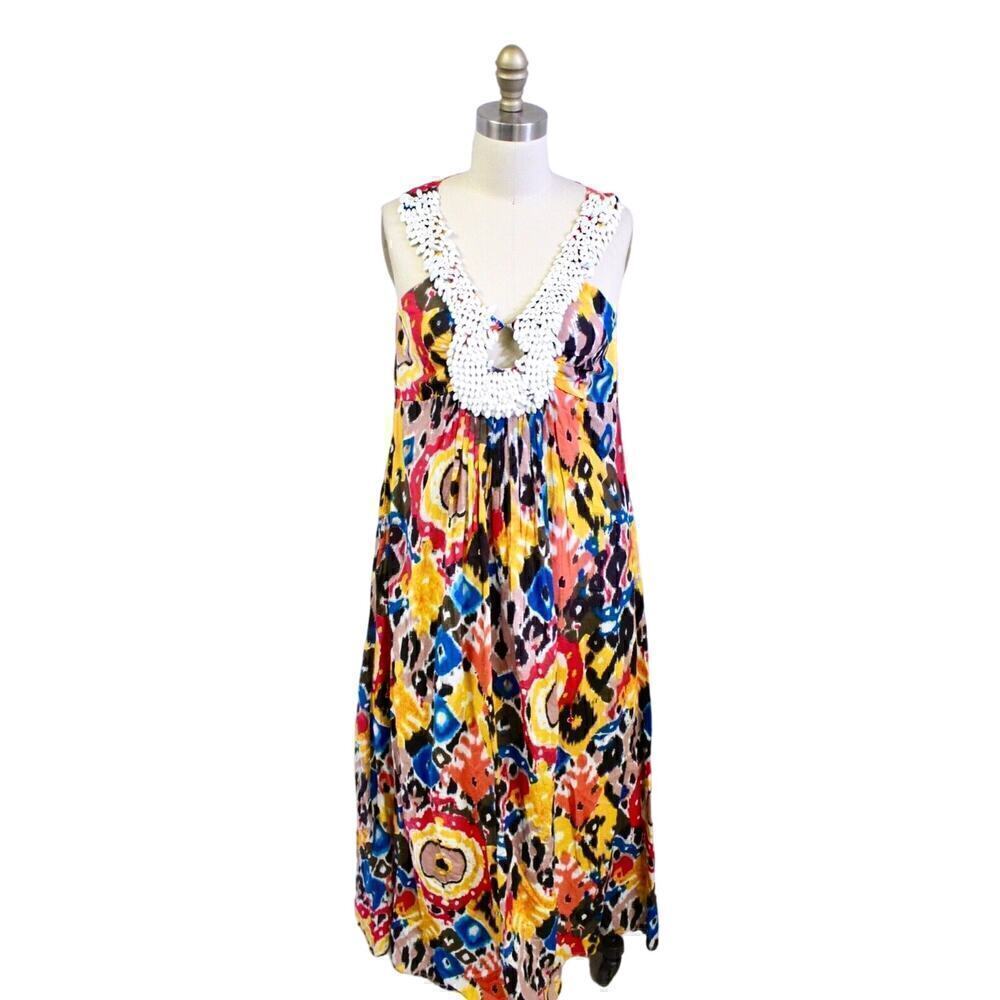 KAS New York Women's S Heavy Beaded Neck Brightly Colored Boho Cruise Dress